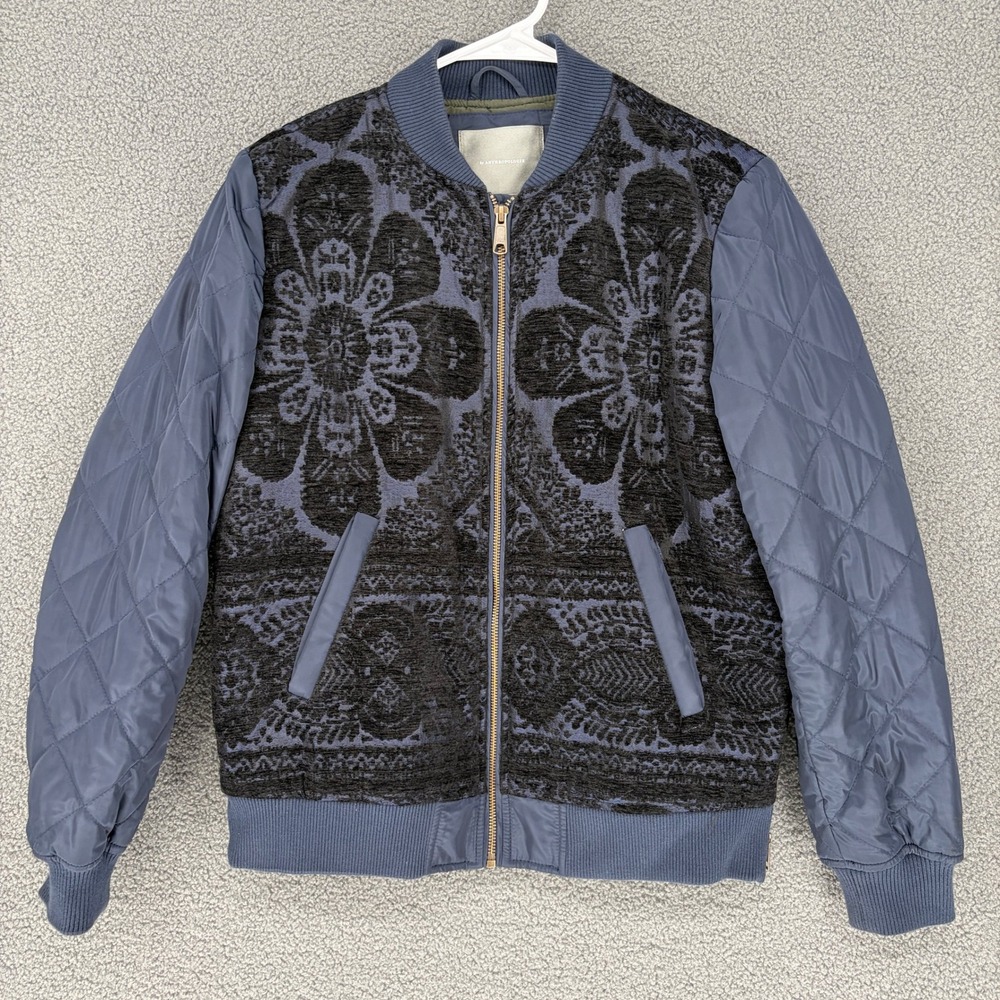 Anthropologie Blue Floral Tapestry Quilted Bomber Jacket Womens S Mixed Media
